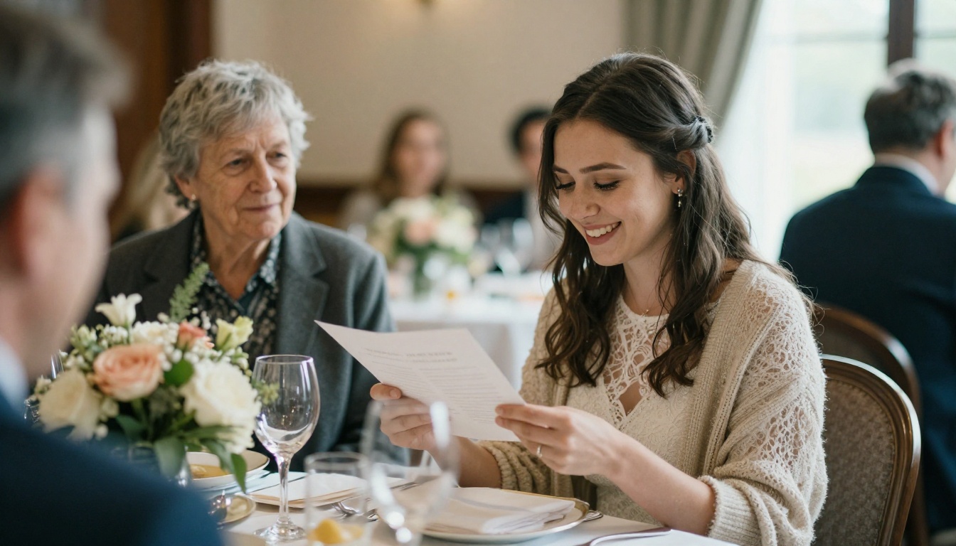 Elderly guest and bridesmaid sharing a wedding program at a banquet table