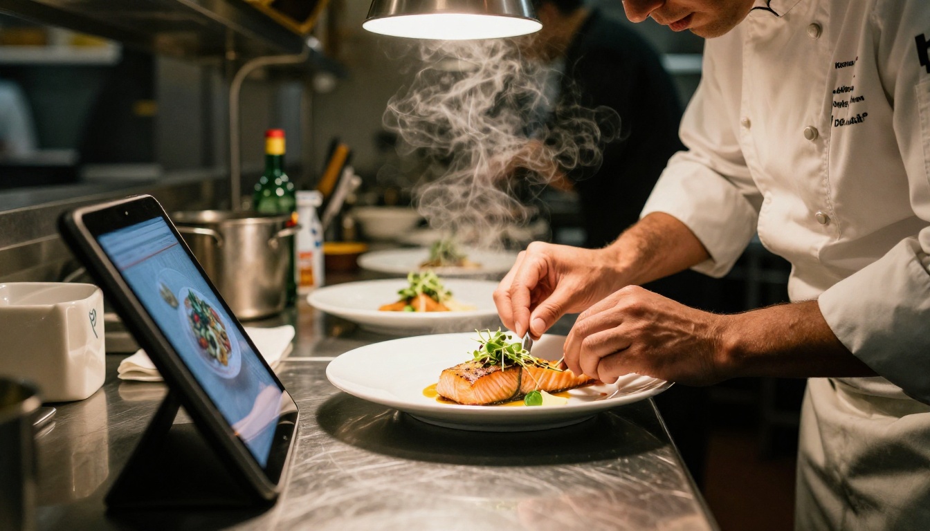 Professional chef plating a seared salmon dish with a tablet nearby