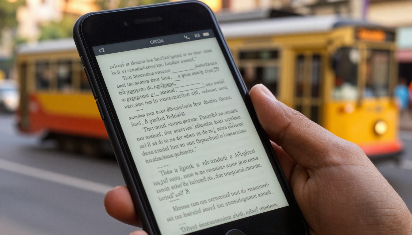 A smartphone showing an e-reader app at a busy station A smartphone showing an e-reader app at a busy station