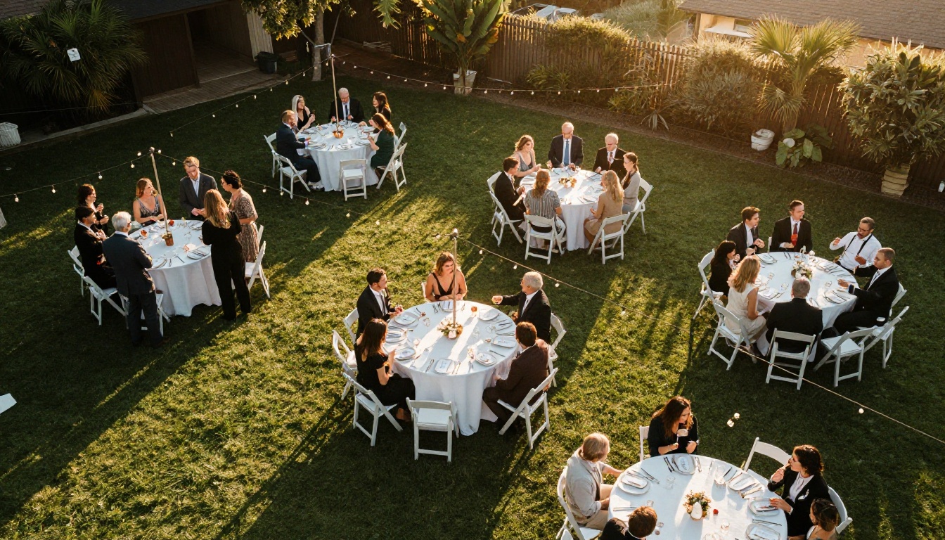 Aerial view of a backyard wedding reception at golden hour with program cards on each plate