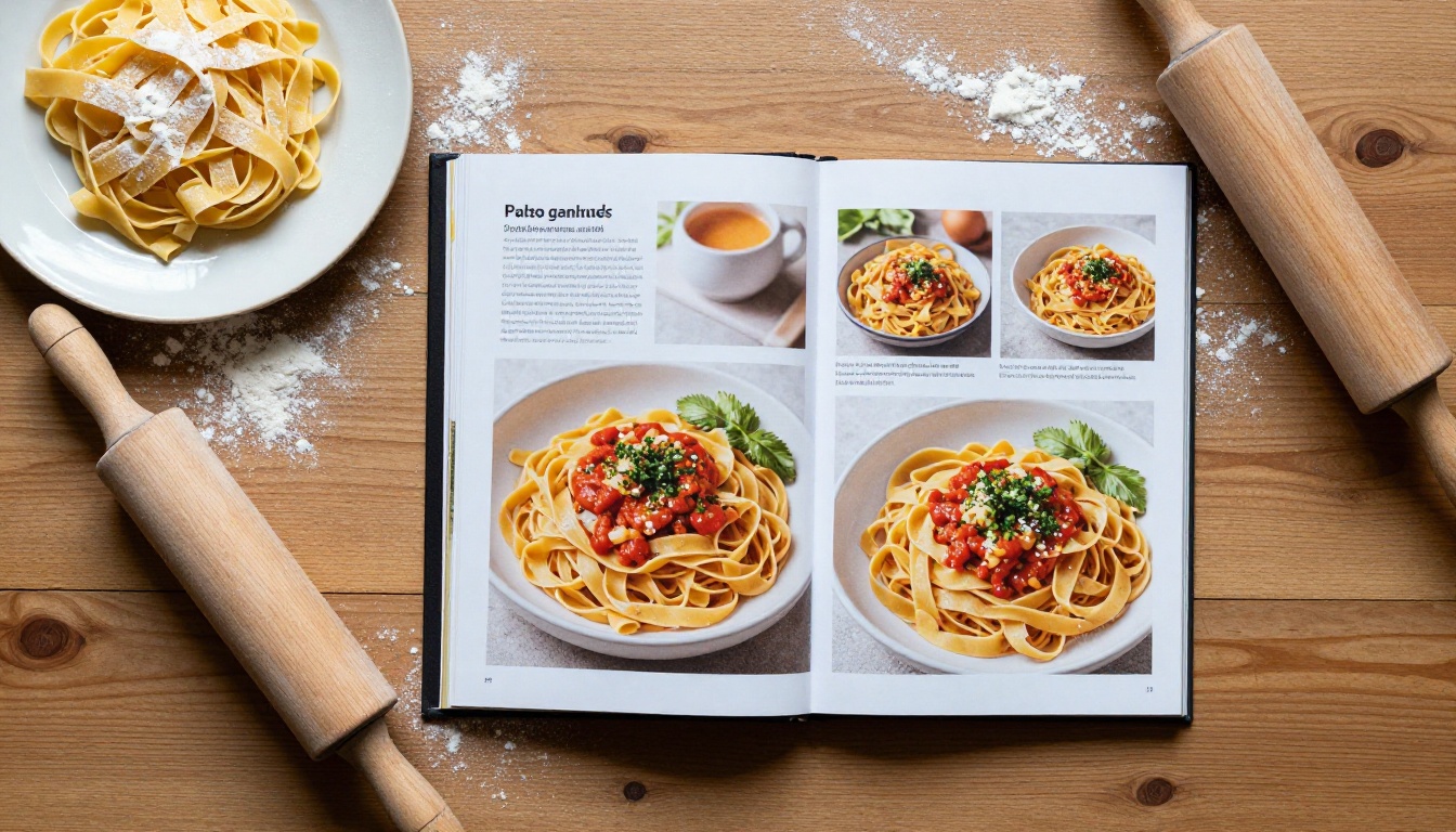 Aerial view of a printed cookbook beside a tablet showing the same page