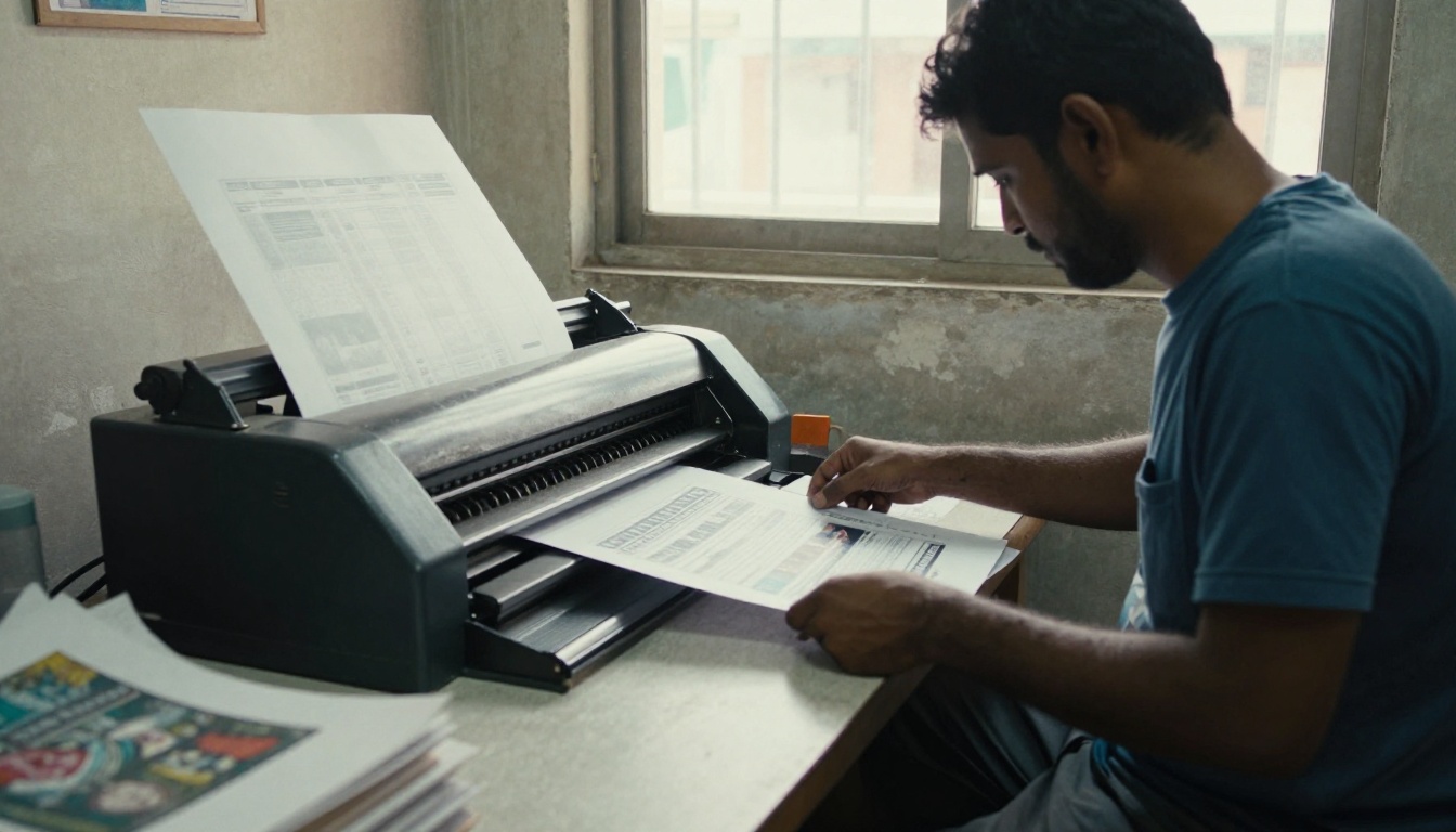 An Indian print shop with a pressman inspecting freshly printed pages An Indian print shop with a pressman inspecting freshly printed pages