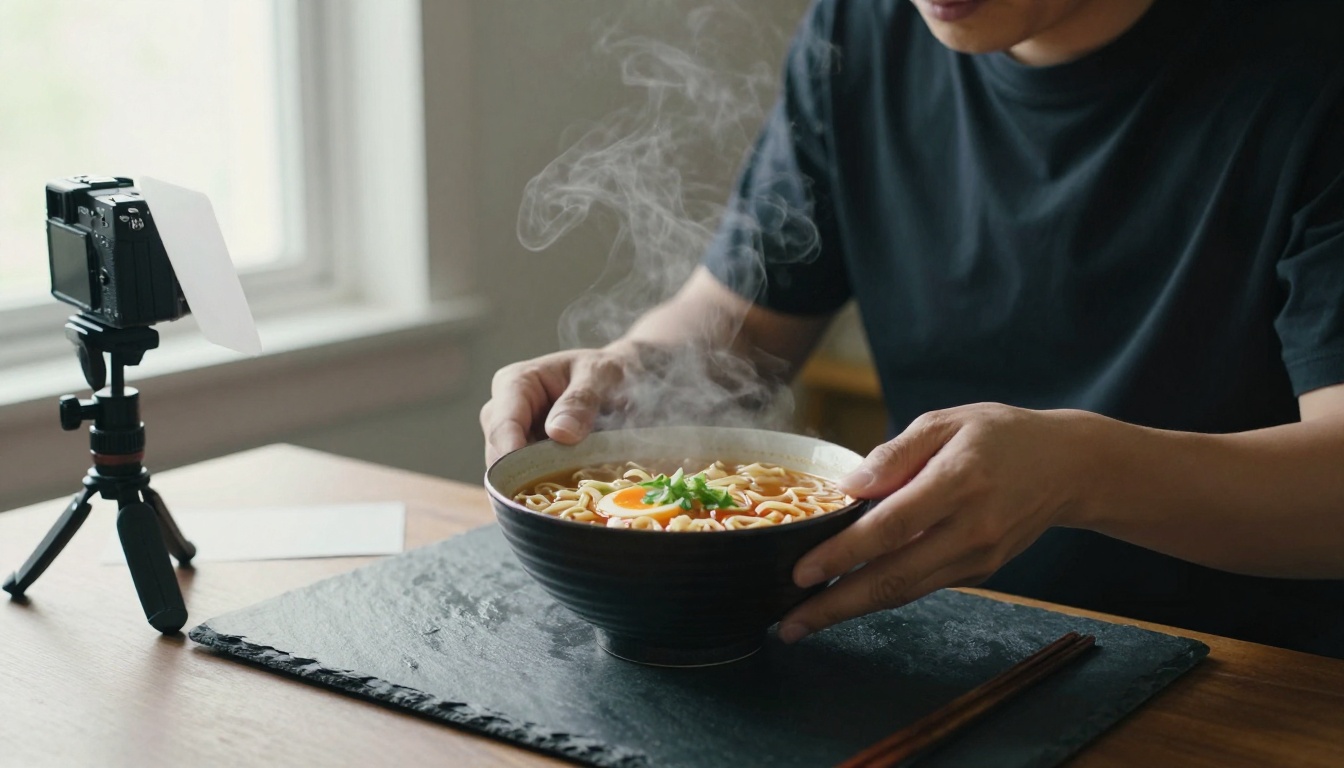 Food photographer adjusting a bowl of ramen in a home studio