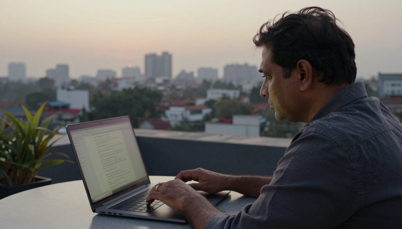 An author typing on a rooftop at dusk An author typing on a rooftop at dusk
