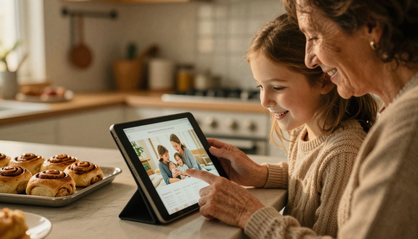 Grandmother and granddaughter looking at a family recipe book on a tablet