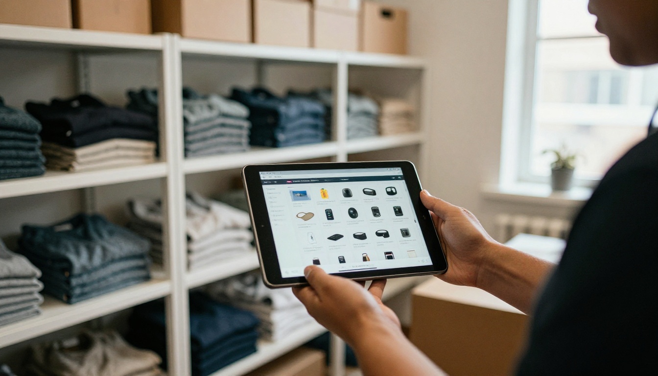 Online retailer tapping a tablet with a shoppable digital catalog in a stockroom