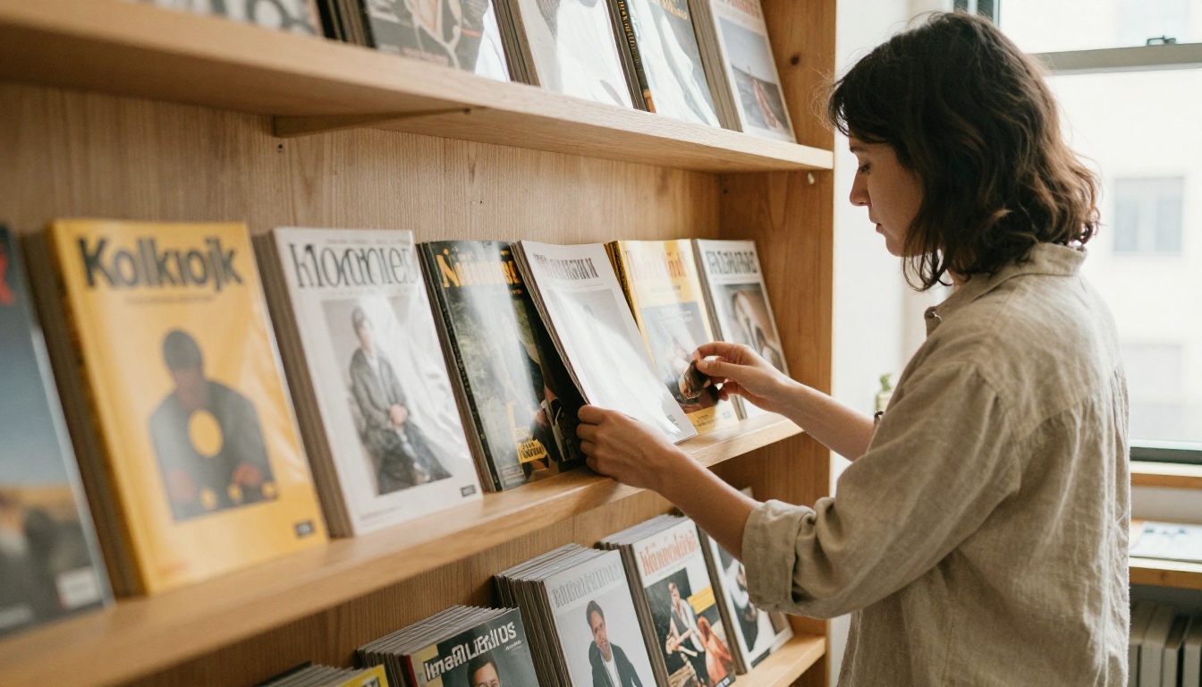 Neat wall of printed independent magazines on shelves