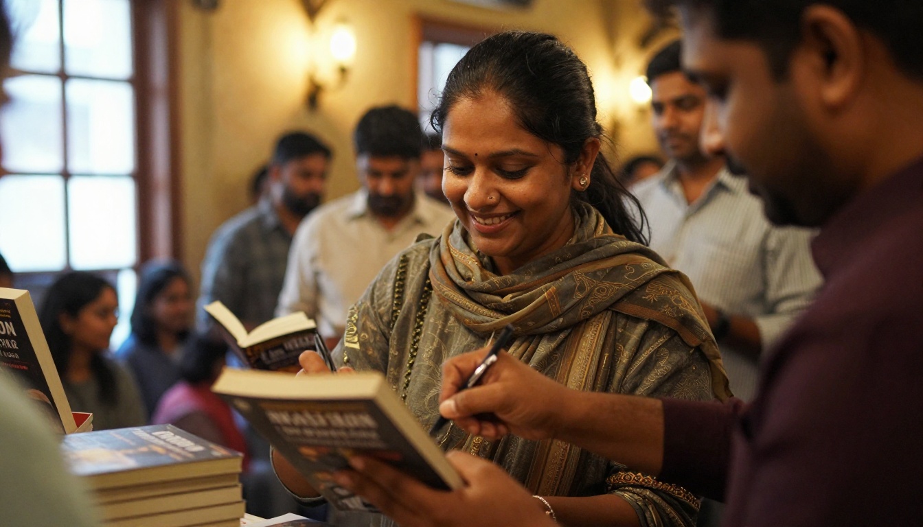 An author signing books at a small launch event An author signing books at a small launch event