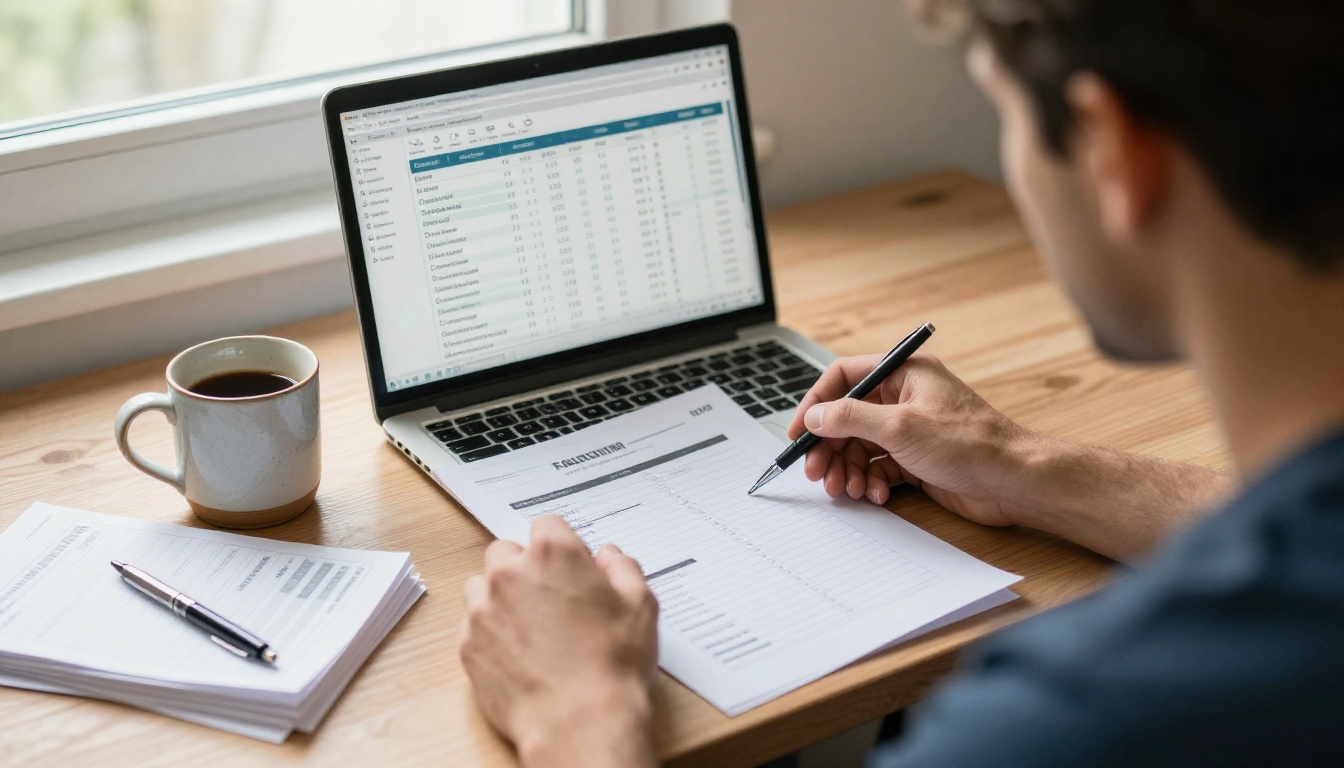Man checking a sales dashboard beside a stack of printed recipe proofs