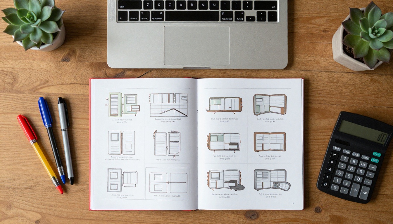 Aerial view of a desk with a laptop showing a flipbook catalog and comparison charts