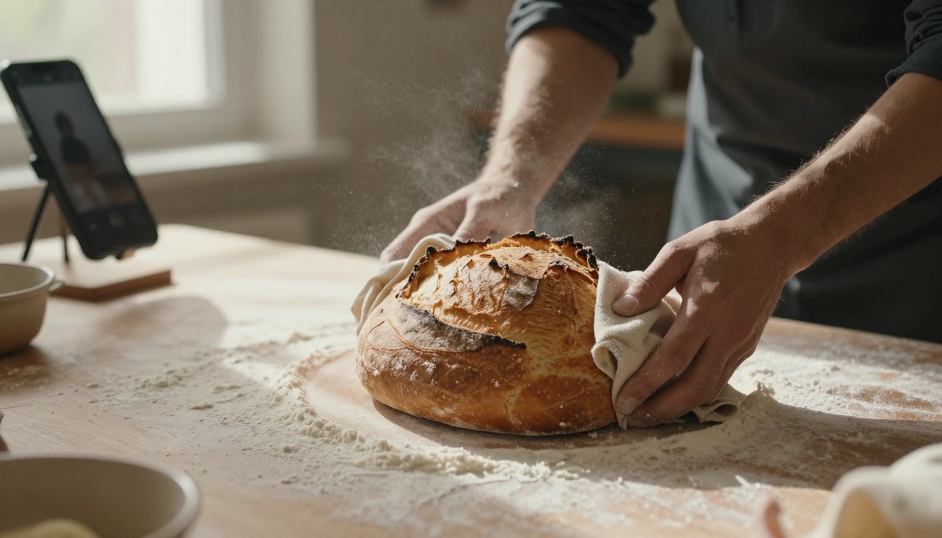 Baker lifting a sourdough loaf from a Dutch oven while a phone records the step