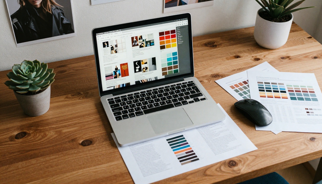 Designer desk with laptop showing a magazine layout grid