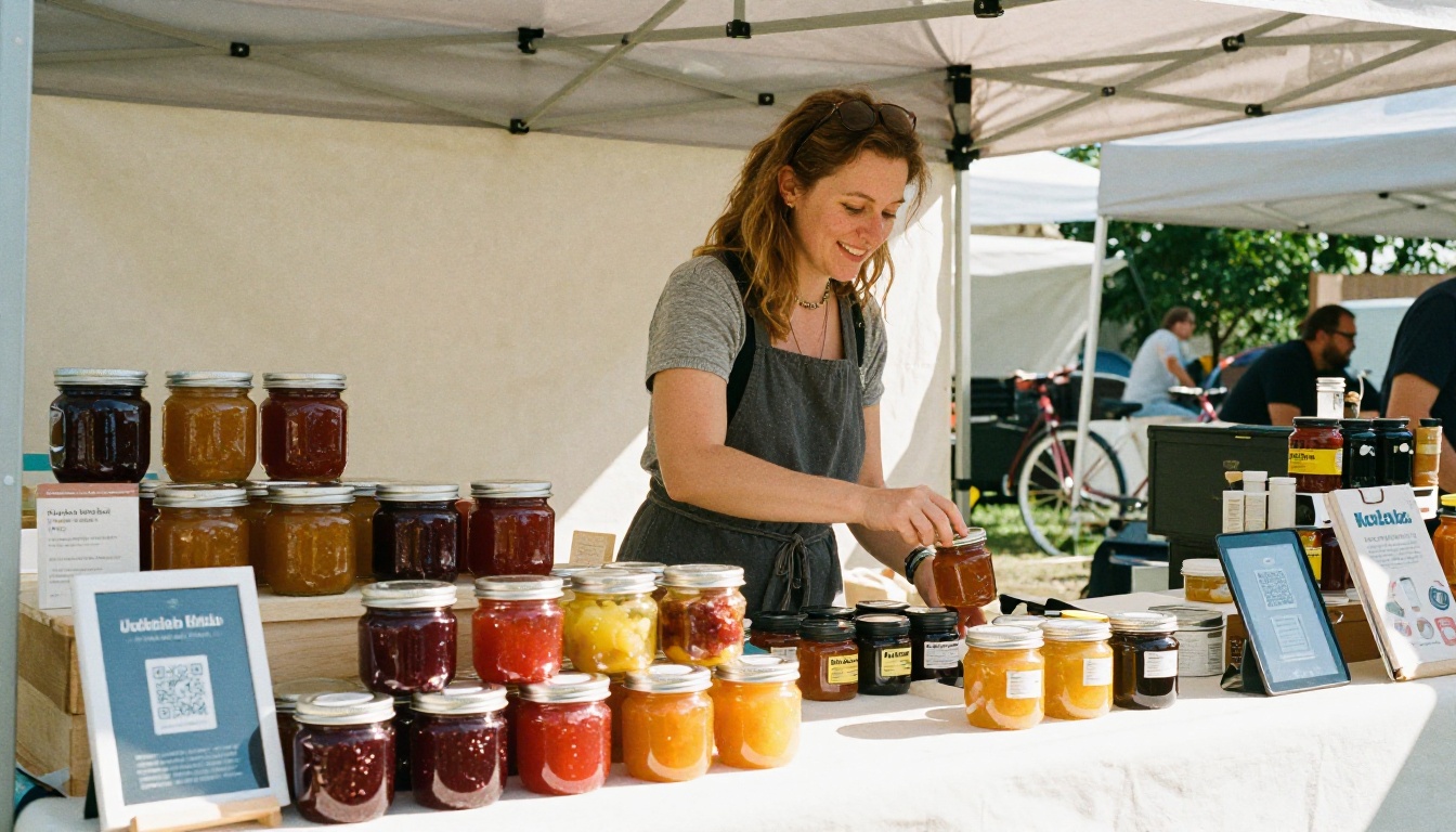 Woman selling jam and a self-published cookbook at a farmers market stall