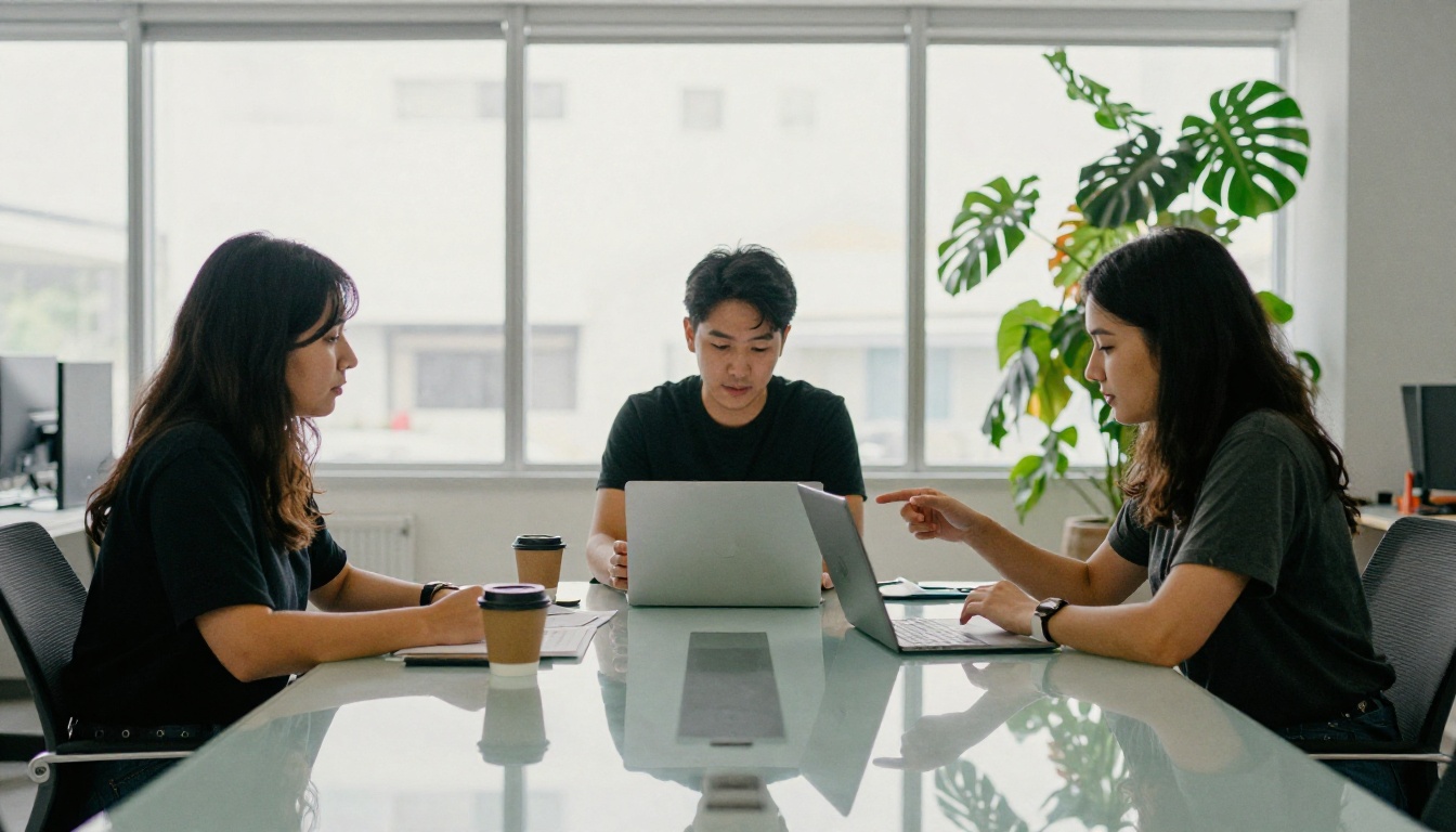 Small ecommerce team reviewing a catalog on a monitor in a bright office