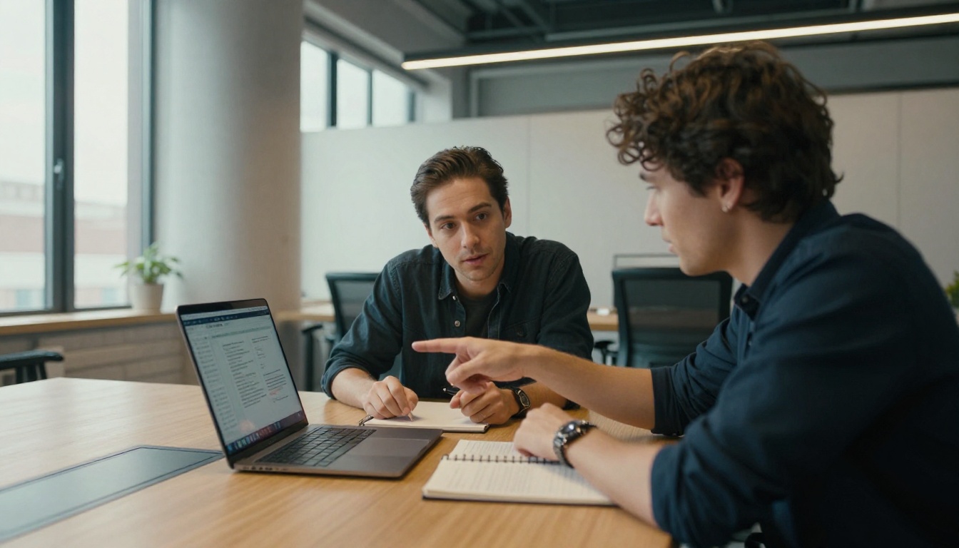 Two editors comparing options on a laptop