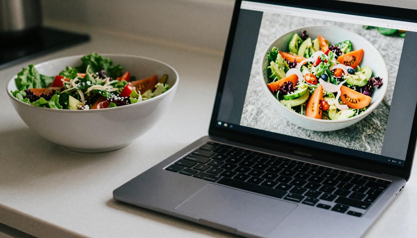 Flipbook cookbook displayed on a tablet and laptop next to a fresh salad