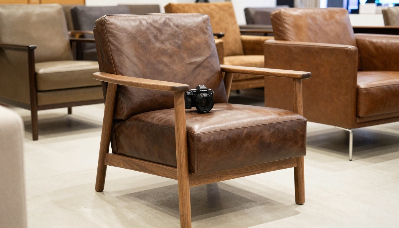 Furniture retailer photographing a walnut armchair for a digital catalog