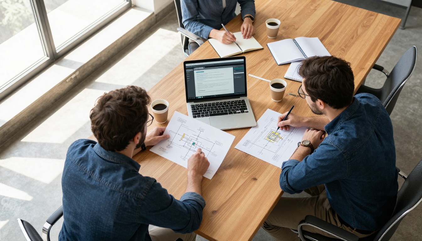 Aerial view of an IT planning meeting at a conference table