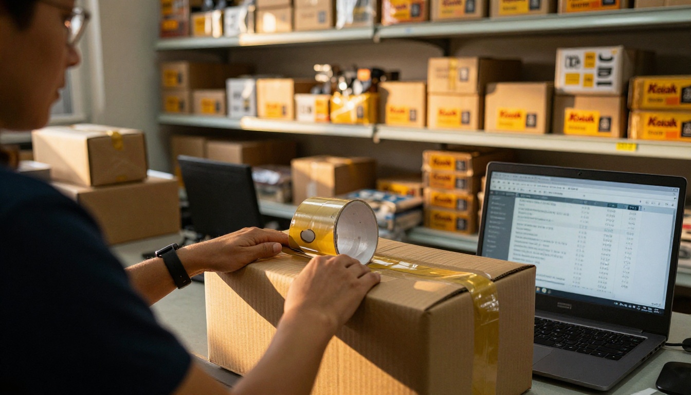 Packing station with a parcel being sealed and shelves of labeled products