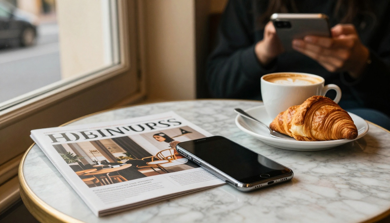 Smartphone showing a magazine page on a cafe table