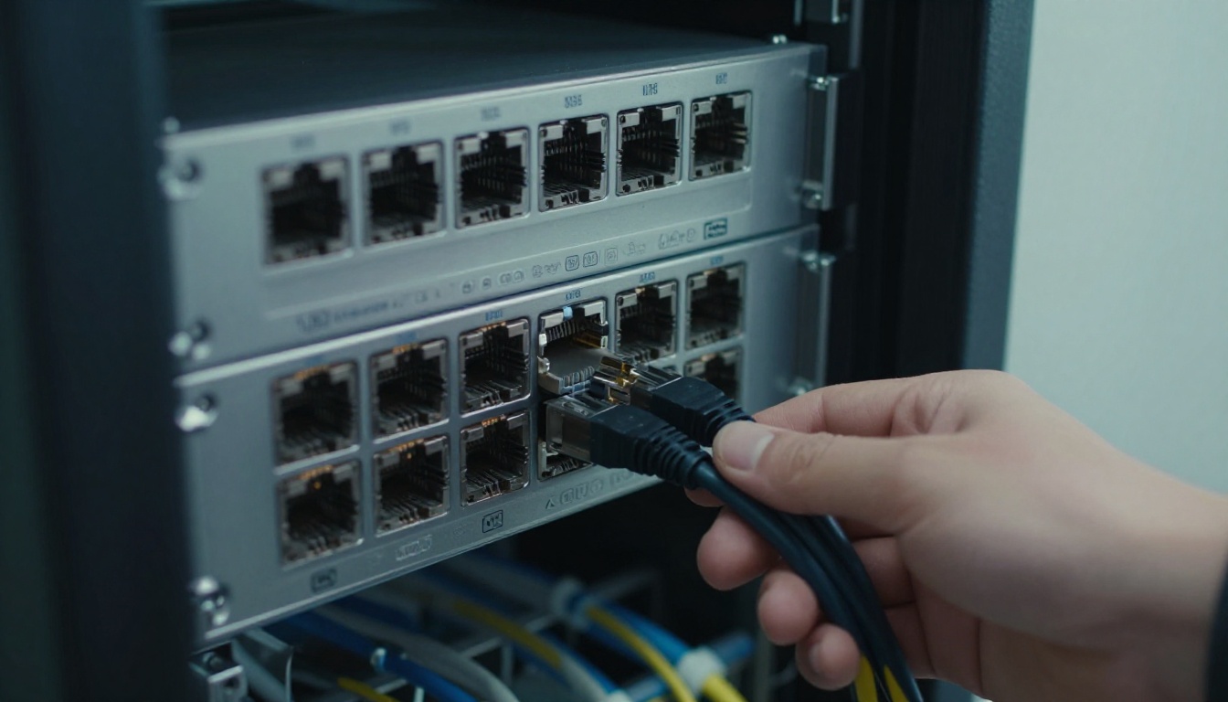Server rack with a hand plugging in a network cable