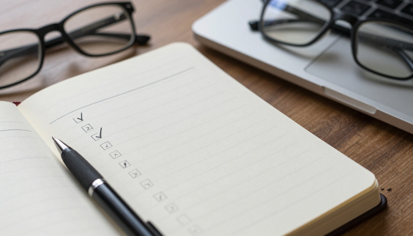 Notebook with a hand drawn ranking checklist beside a laptop corner