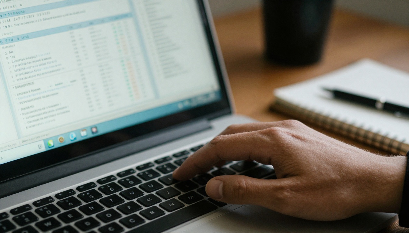 Hand on a laptop trackpad with analytics dashboard