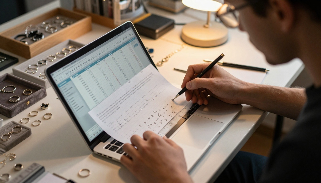 Jewelry designer reviewing an analytics dashboard beside velvet trays of rings