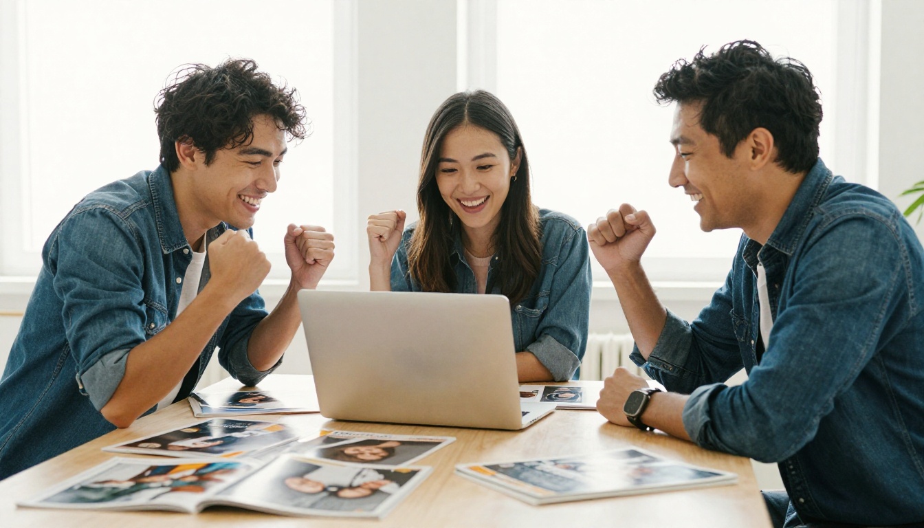 Small publisher team celebrating around a laptop