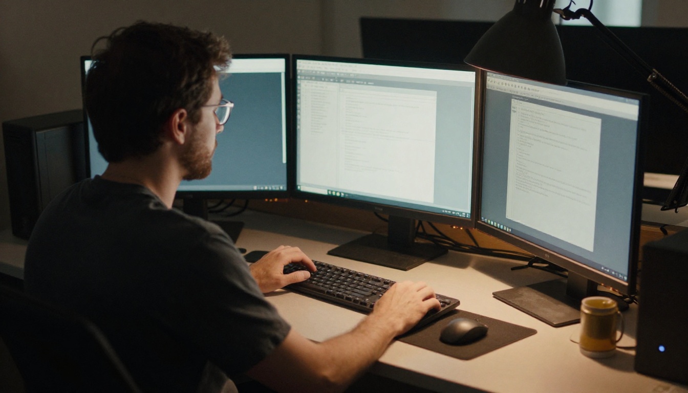 Over-the-shoulder view of a system administrator at a dual monitor desk