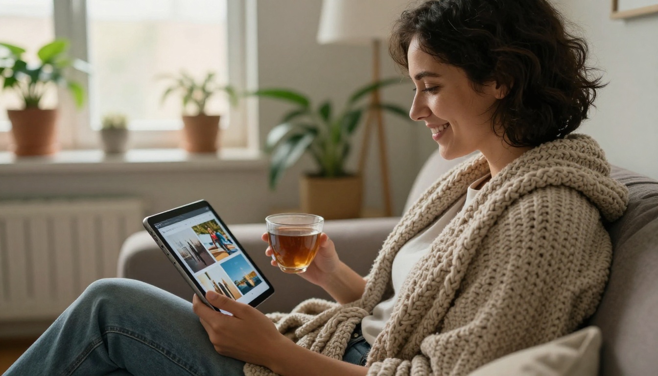 Customer on a sofa browsing a digital catalog on a tablet with a cup of tea