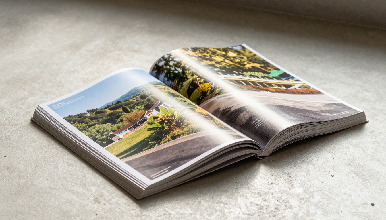 Stack of glossy magazines with an open landscape spread