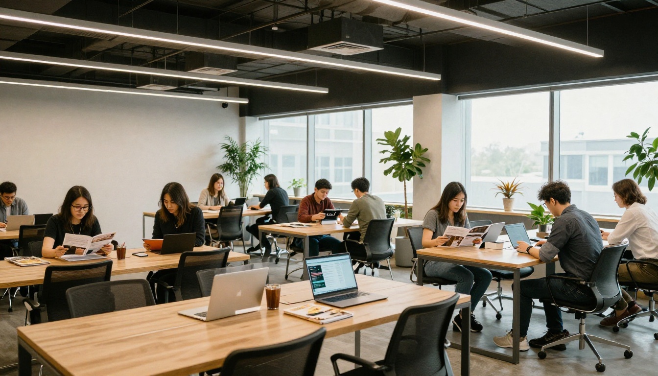 Employees reading a digital brochure in an open-plan office