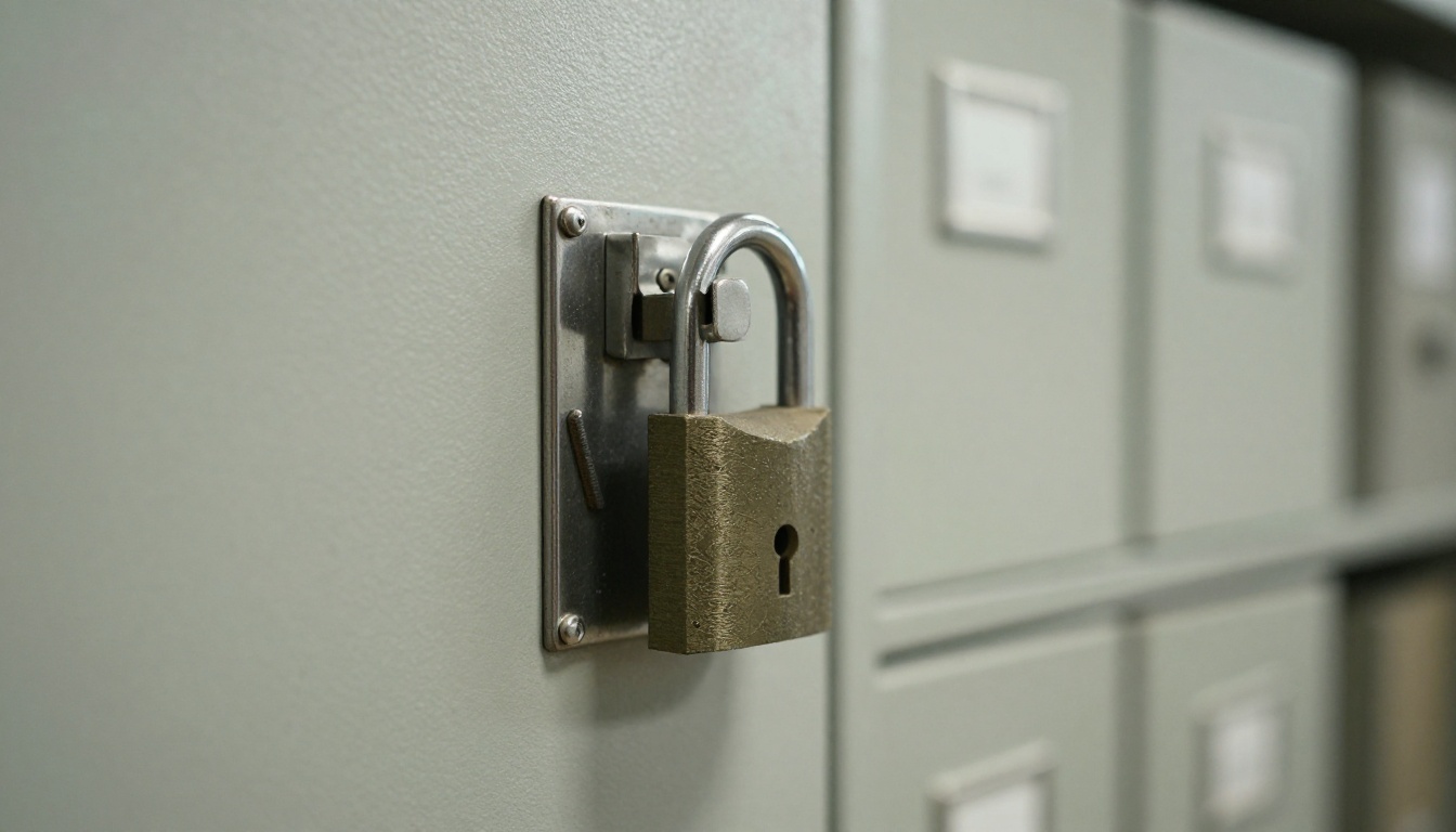 Padlock on a steel cabinet in an archive room