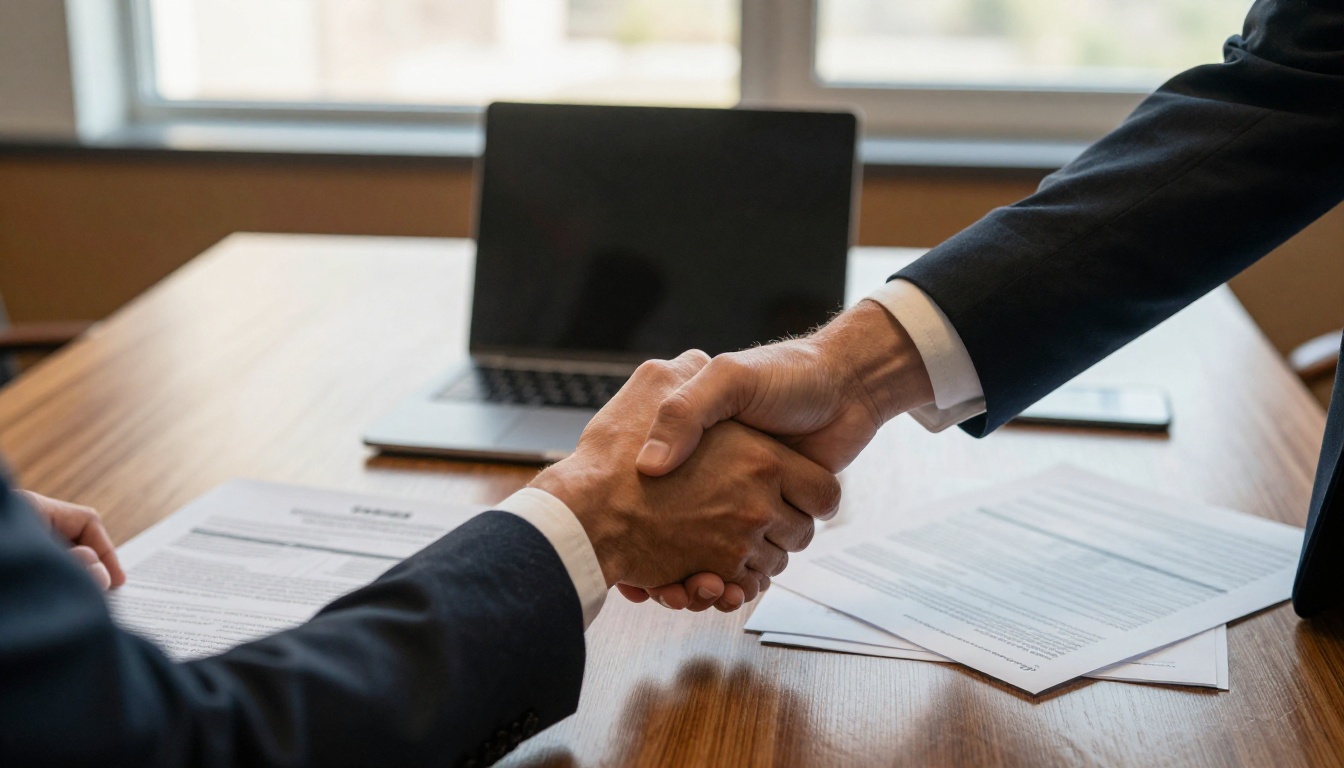 Two executives shaking hands in a boardroom