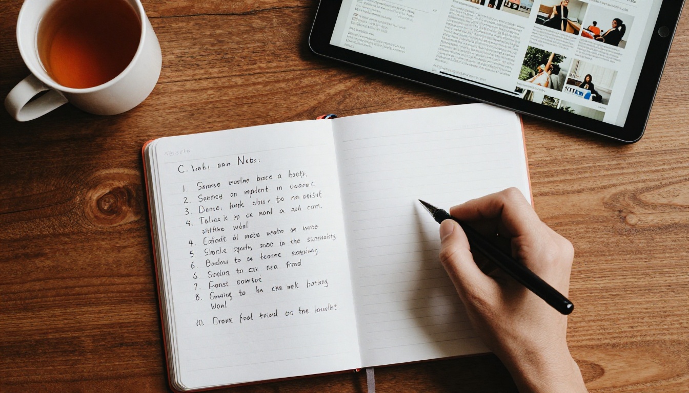 Desk with a handwritten checklist and a tablet showing a flipbook