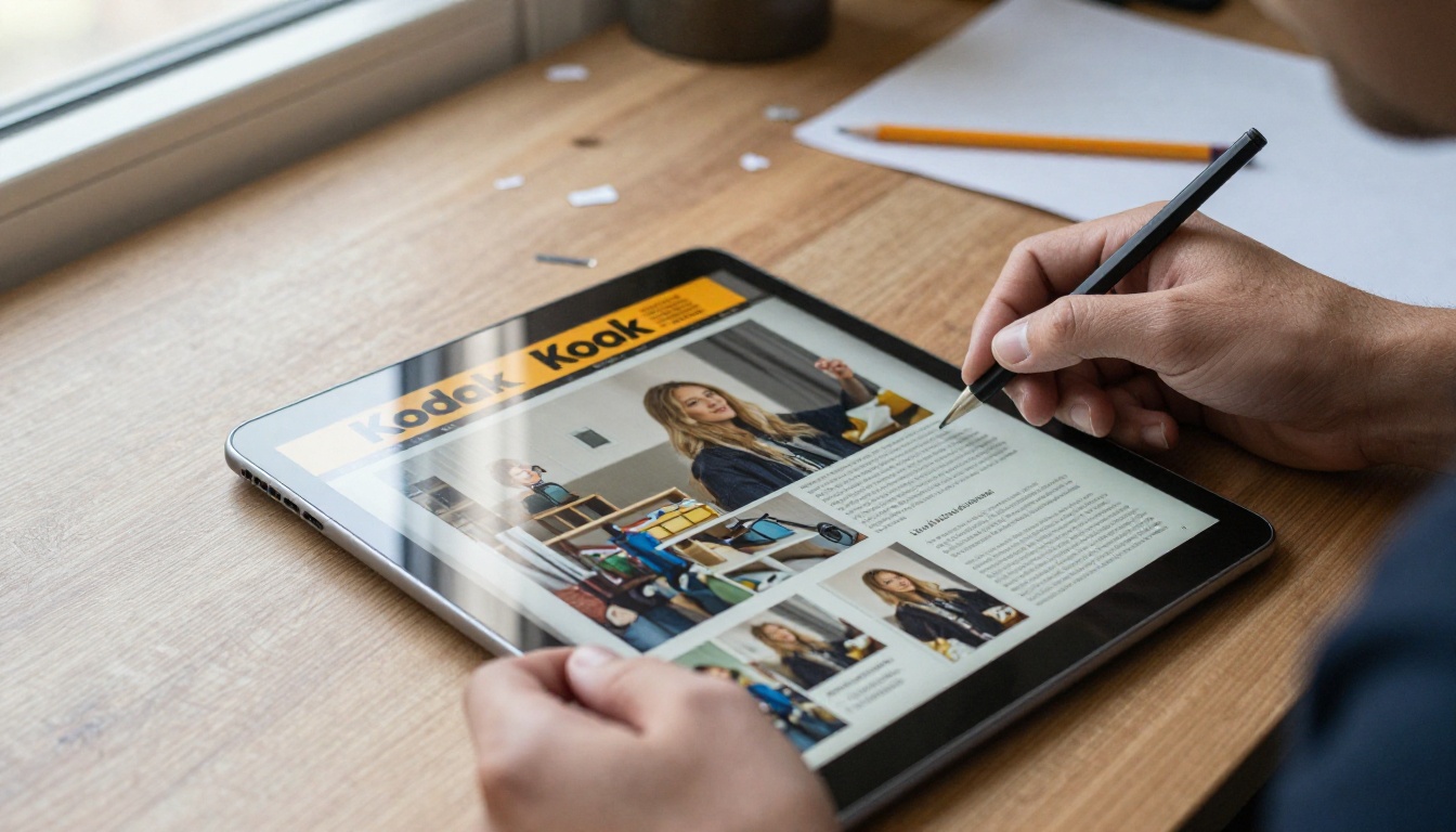 Print shop owner holding a printed magazine next to a tablet showing the same issue