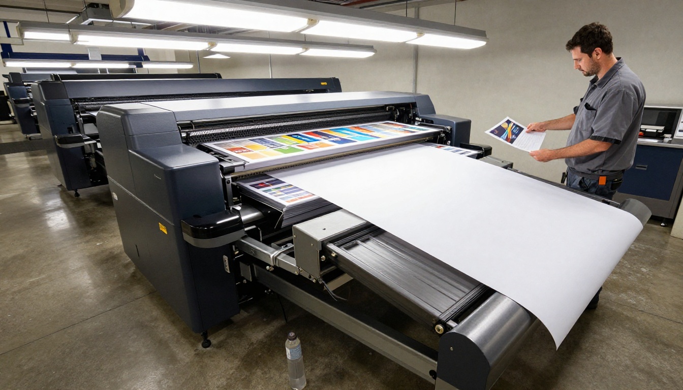 Wide shot of a large-format digital press running a color catalog job