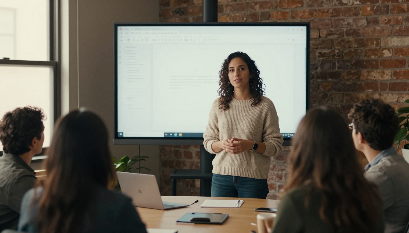 Woman presenting to a small team in a bright startup office Woman presenting to a small team in a bright startup office