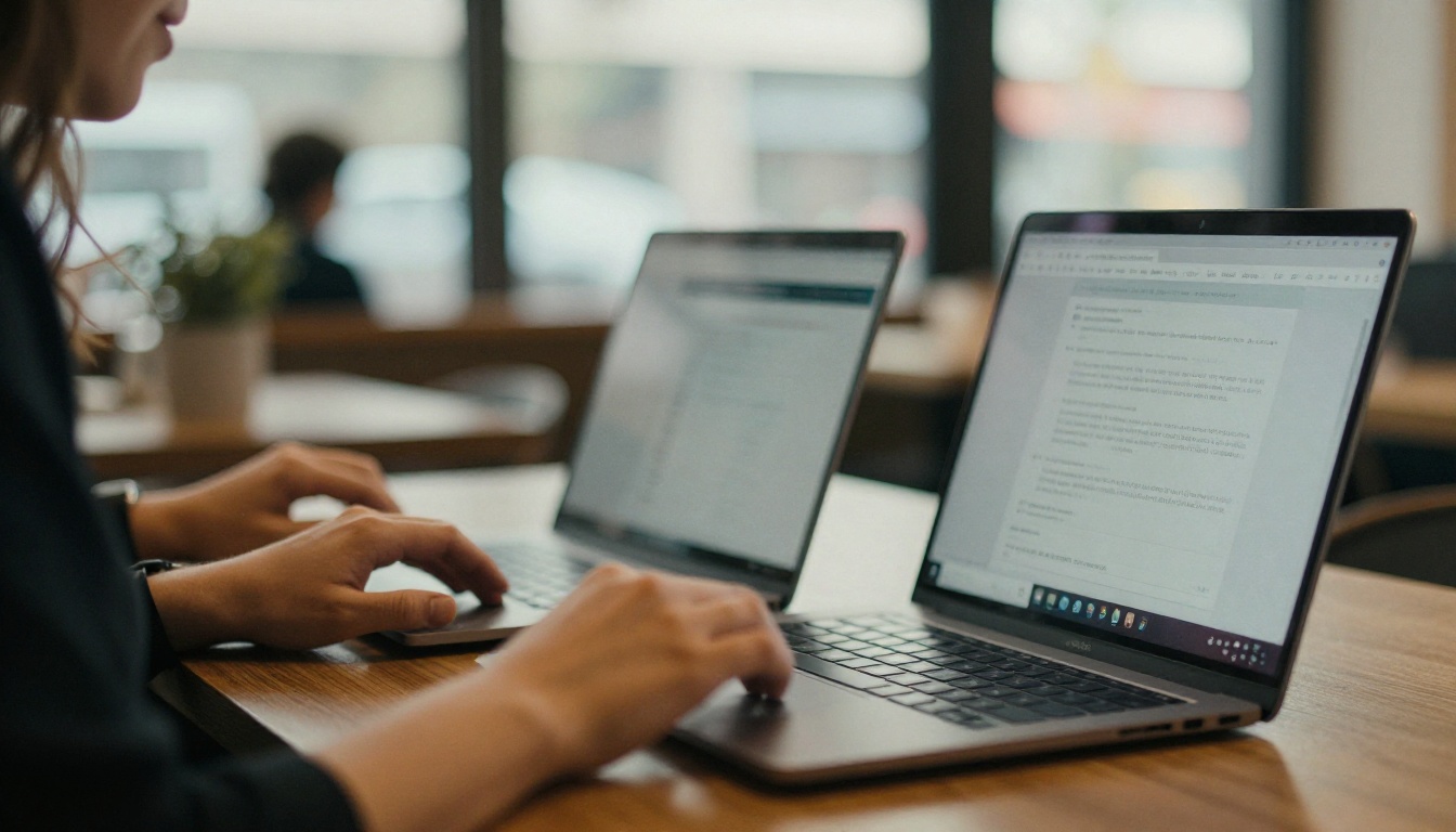 Marketing manager comparing two laptops at a cafe table Marketing manager comparing two laptops at a cafe table