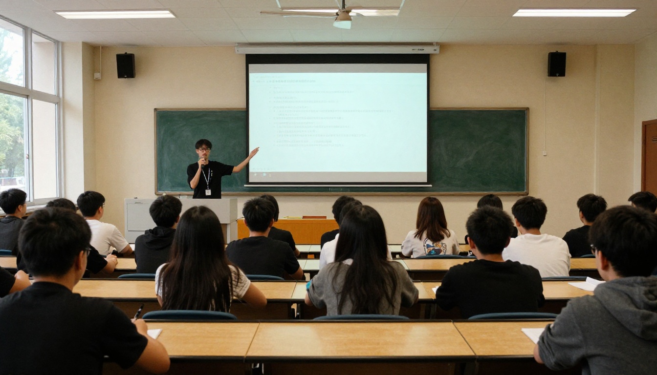 Lecture hall with a student presenting to classmates Lecture hall with a student presenting to classmates