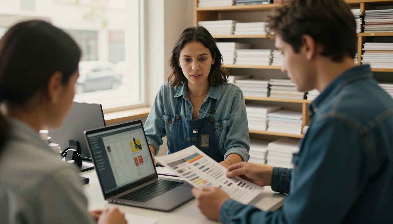 Over the shoulder view of a team member presenting a digital catalog to a customer at a print shop counter
