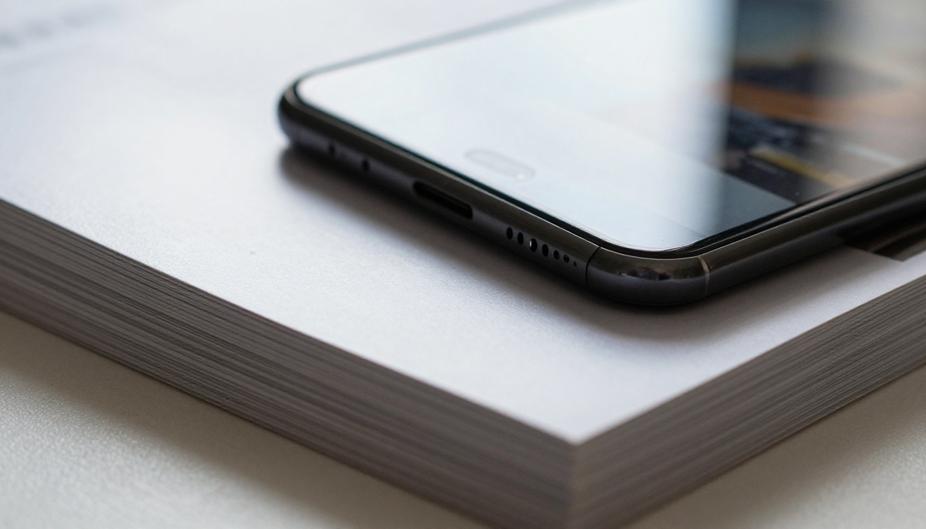 Close-up of printed catalogs with a smartphone showing a page-turning digital edition