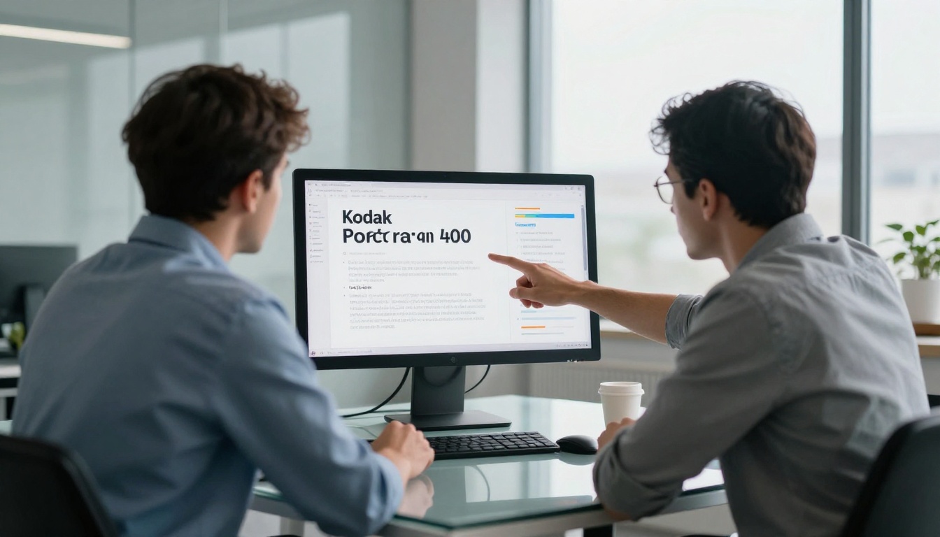 Two business partners reviewing a pitch deck on a monitor Two business partners reviewing a pitch deck on a monitor