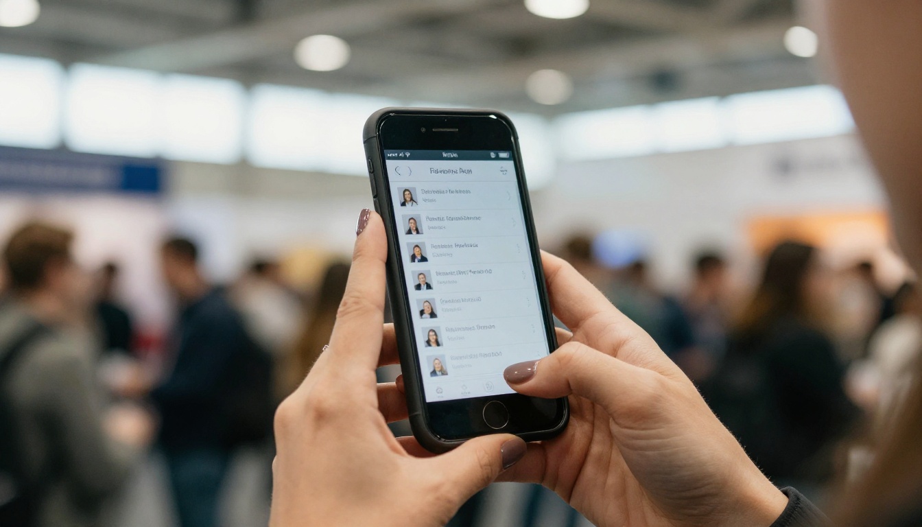 Attendee checking a conference agenda on a smartphone in an exhibition hall Attendee checking a conference agenda on a smartphone in an exhibition hall