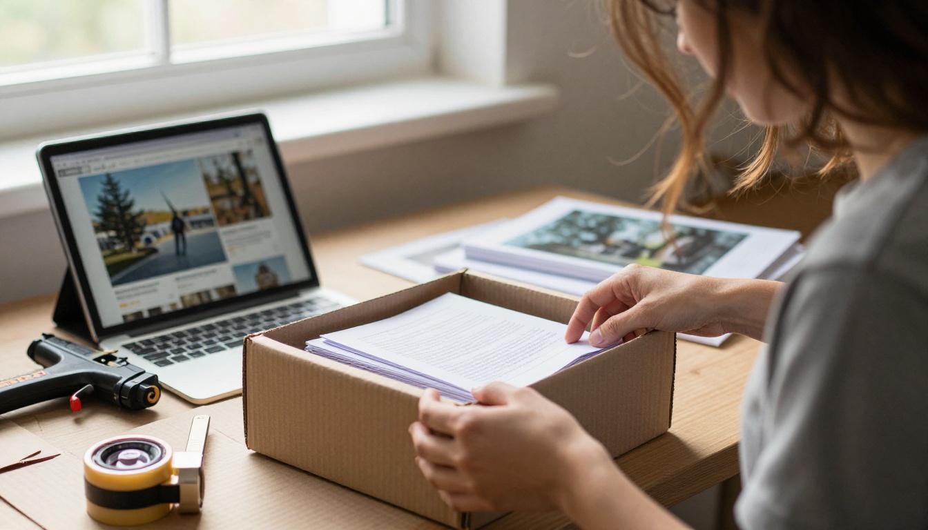 Woman packing printed booklets into a shipping box with a tablet showing the digital edition nearby