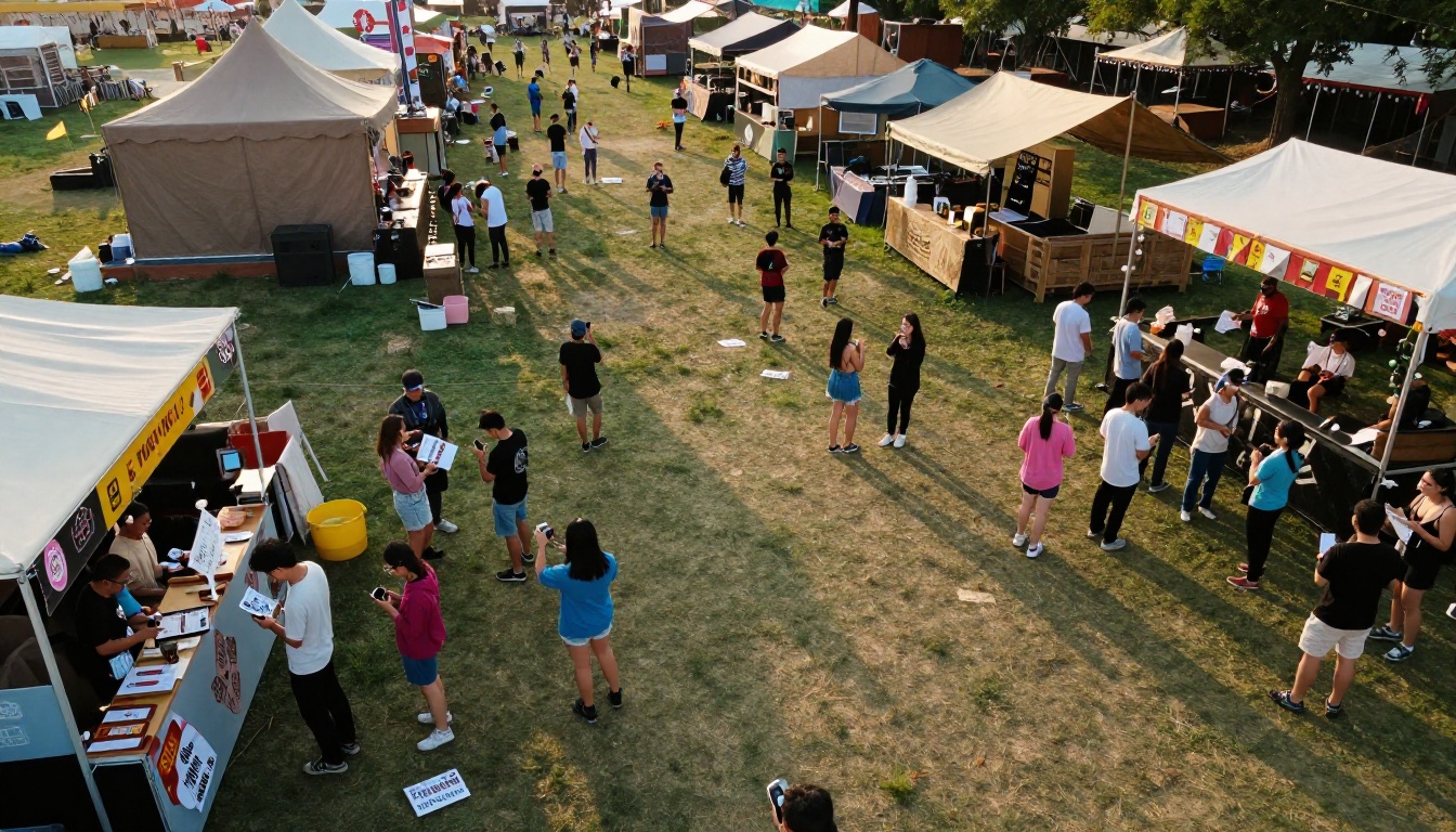 Aerial view of an outdoor festival crowd holding phones near food trucks Aerial view of an outdoor festival crowd holding phones near food trucks
