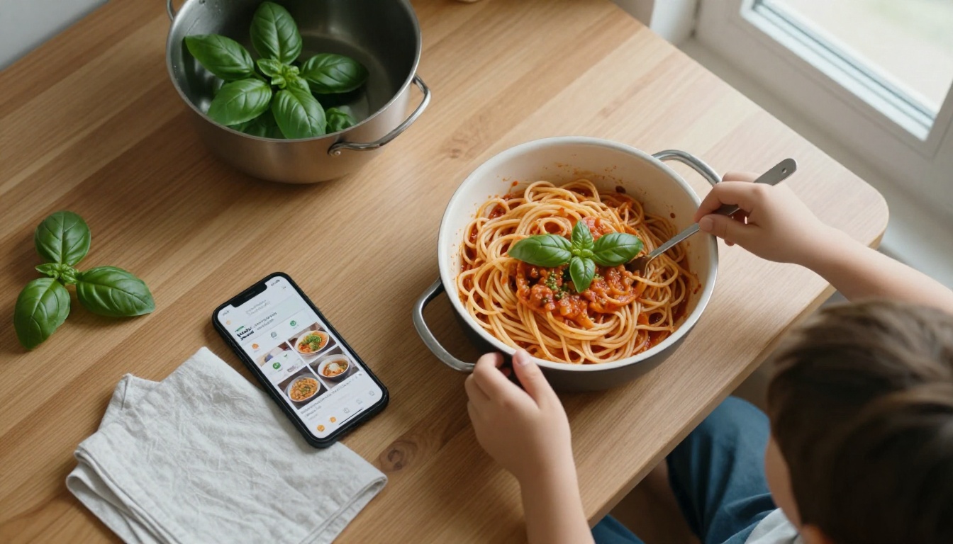 Overhead view of a kitchen table with a smartphone showing a recipe app, pasta sauce and a child's hands stirring