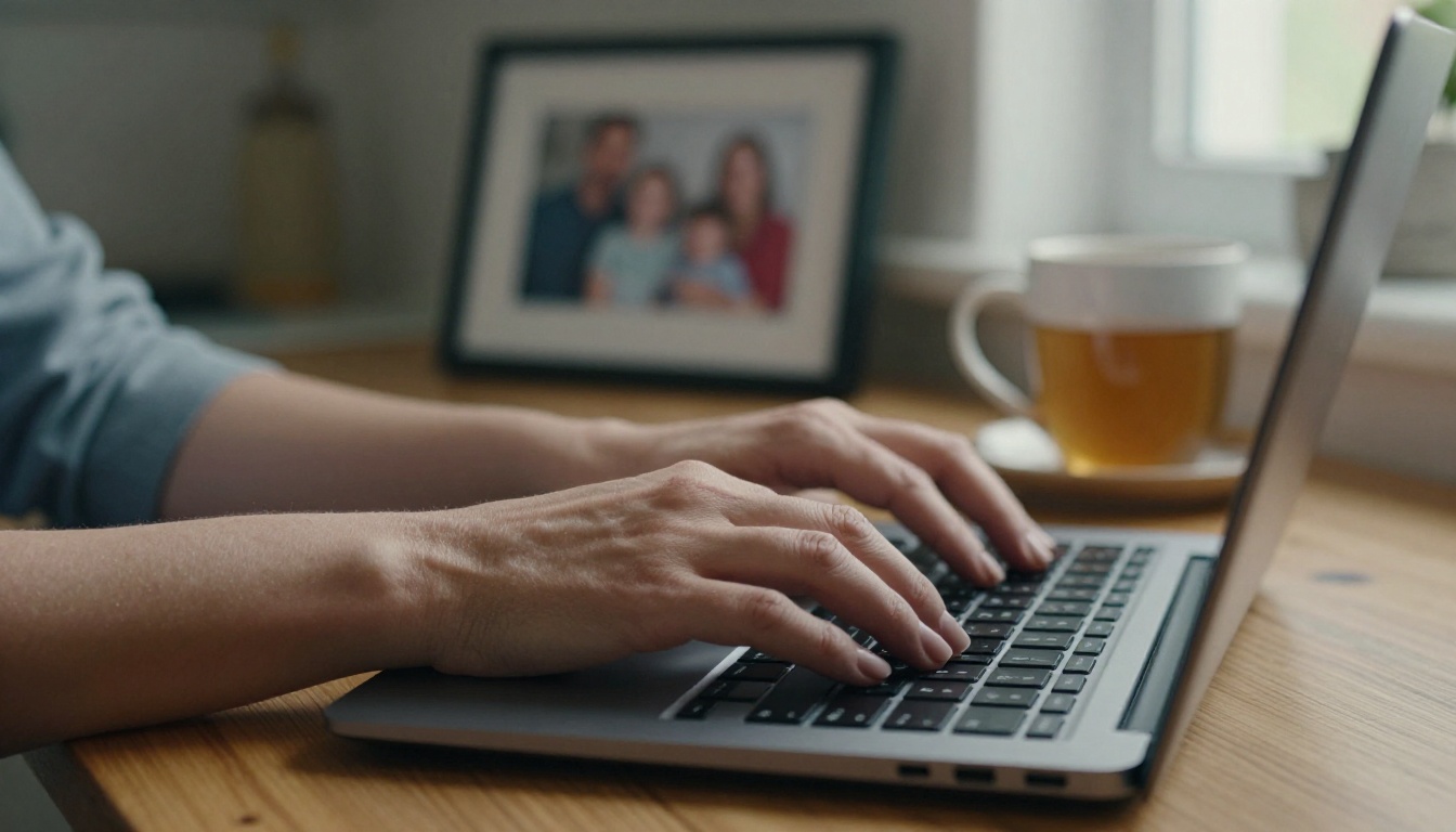 A woman typing a tribute on a laptop at a kitchen table