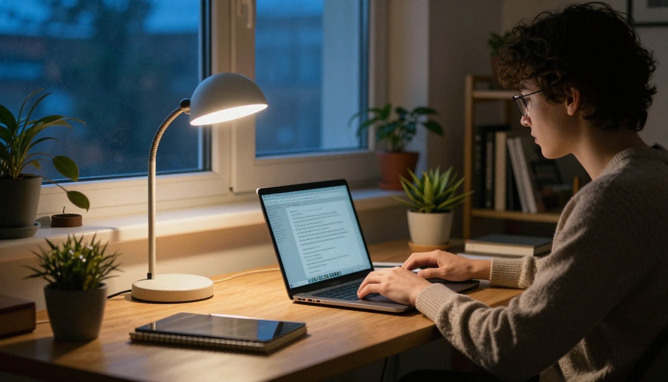 Freelancer working late at a home desk with a laptop Freelancer working late at a home desk with a laptop